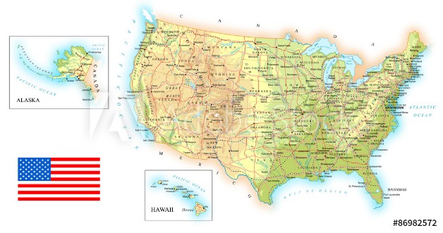 Afbeeldingen van USA detailed topographic map illustration Map contains topographic contours country and land names cities water objects flag roads- railways